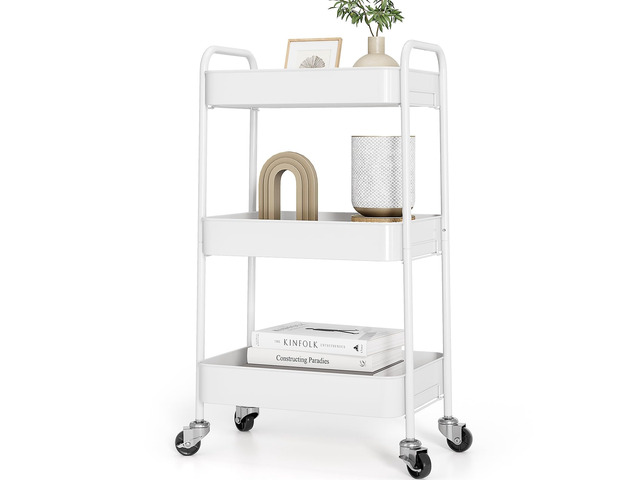 3 Tier Metal Rolling Cart, Utility Storage Cart with Wheels, White Screwless Assembly, Lockable Metal Wheels, Trolley Organizer for Bathroom,...