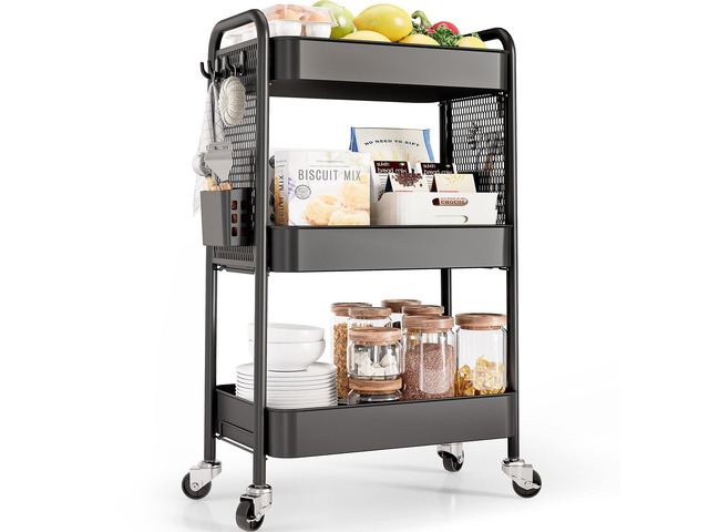 3 Tier Rolling Cart, Metal Utility Storage Cart with Pegboard, Black 2 Bins & 4 Hooks, Screwless Assembly, Lockable Wheels, Trolley Organizer for...