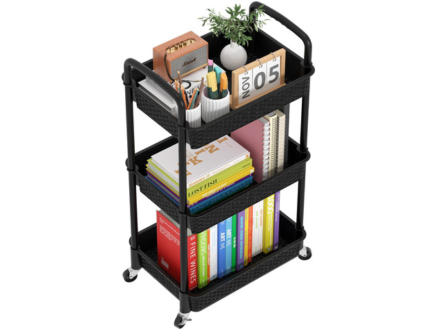 3-Tier Plastic Rolling Utility Cart with Handle,Black Utility Storage Cart for Office, Living Room, Kitchen,Movable Storage OrganizerEasy...