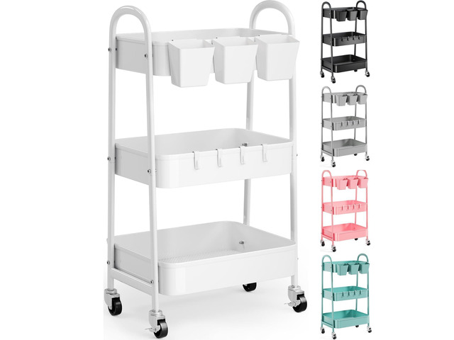 3 Tier Heavy Duty White Metal Rolling Cart with Lockable Wheels,Roller Cart Three Tier Book Snack Cart, Utility Storage Organizer Carts for...