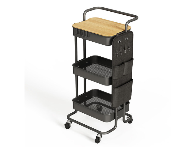 3 Tier Metal Utility Rolling Cart with Table Top and Side Bags, Tray Storage Organizer Wheels, Art Craft 4 Hooks for Kitchen Bathroom Office Living...