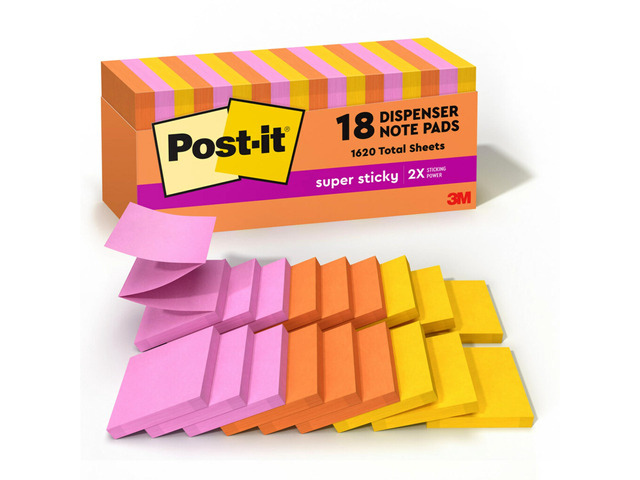 Super Sticky Dispenser Notes, 3 x 3 in, Neon Fizz, 18 Pads School Supplies and Office Products, 2X the Sticking Power