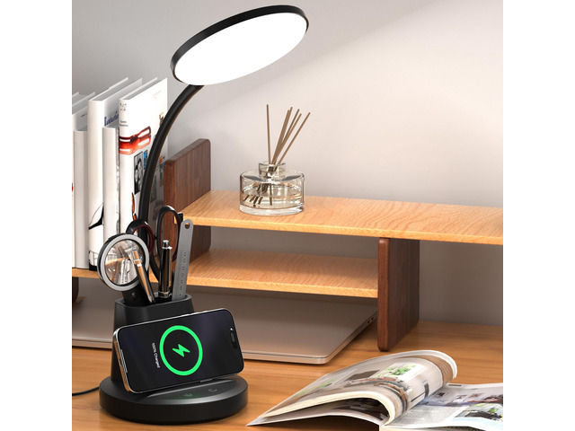 LED Desk Lamp with Wireless Charger for Home Office, Black 3 Color Modes Dimmable Eye-Caring Study Desk Light for College Dorm Room, 360° Flexible...