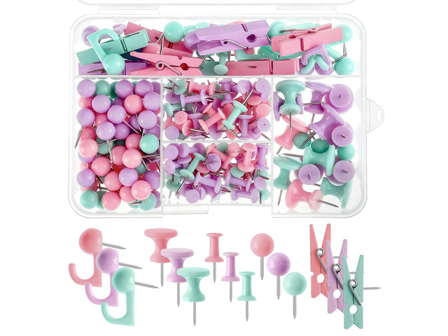 200-Piece Push Pins Set, 5 Types Colorful Thumb Tacks with Storage Box Marcon colors, Assorted styles for boards, Maps and photos, Reusable,...