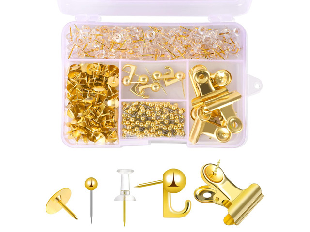 310 Pcs Gold Push Pins for Bulletin Boards, 5 Styles for Cork Board Plastic Heads, Steel Pins, Clips And Hooks Included, For Notes, Photos, Maps...
