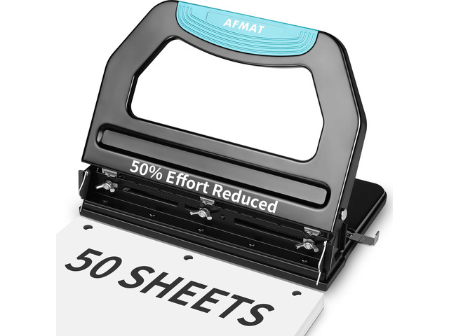 3 Hole Punch Heavy Duty, 9/32' Holes, 50-Sheet Hole Puncher 3 Ring, 50% Reduced Effort, Adjustable Two & Three Hole Punch, Metal Paper Puncher...