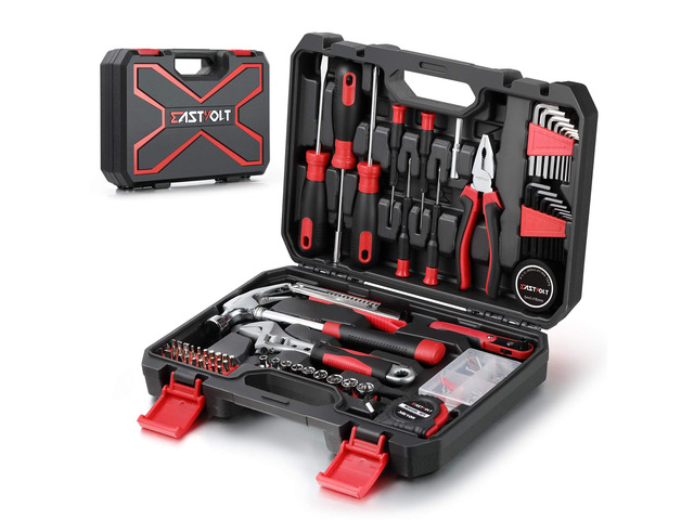 128-Piece Home Repair Tool Set, Tool Sets for Homeowners, General Household Hand Tool Set with Storage Toolbox, EVHT12801, Black + Red (ASK01)