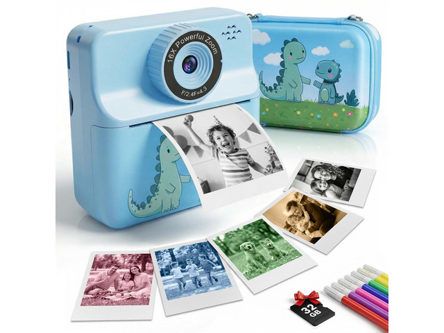 Kids Camera Instant Print with Carrying Case, Digital Selfie Camera with 6 Rolls Print Paper, 5 Monochrome Colors, 32GB SD Card, Portable Toddler...