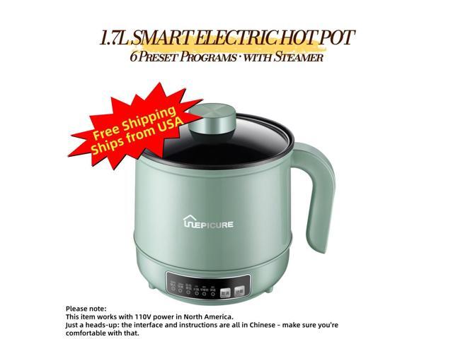 1.7L Electric Hot Pot with Steamer, 600W Multi-Cooker, 6 Preset Programs, Nonstick Inner Pot, Ramen & Soup Cooker, Green Aenaeder