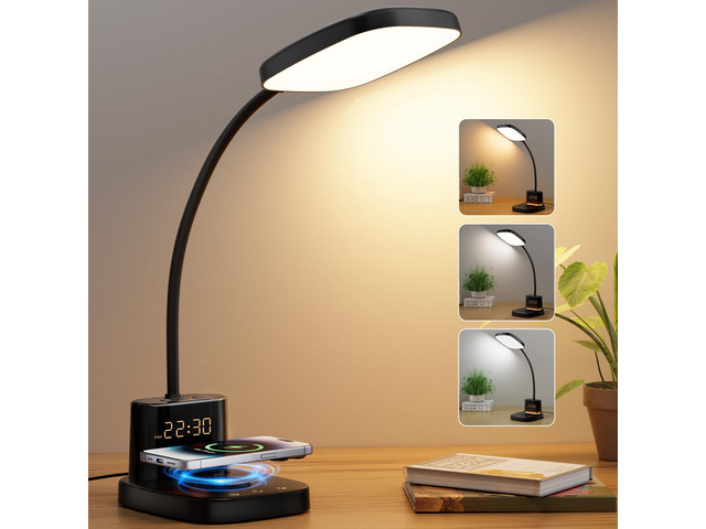 10W Wireless Charging LED Desk Lamp with Clock, Light Black CRI 95, 800LM, Stepless Dimming, 3 Modes, 360°Flexible Arm, Touch, Study Table Lamp for...