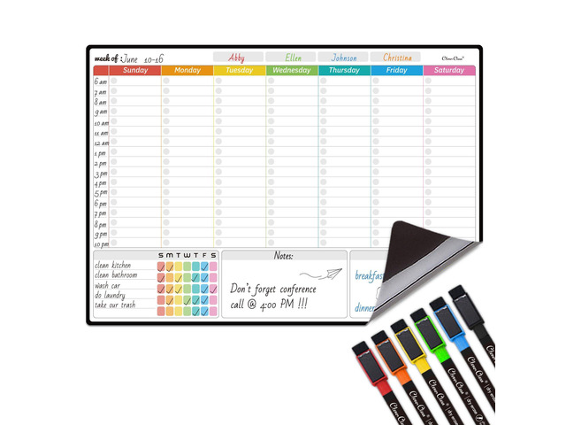 Magnetic Dry Erase Weekly Calendar for Fridge - Large 17'x12' Magnetic Weekly Planning Board with Hourly Time Slots - 6 Extra Fine Point Markers...