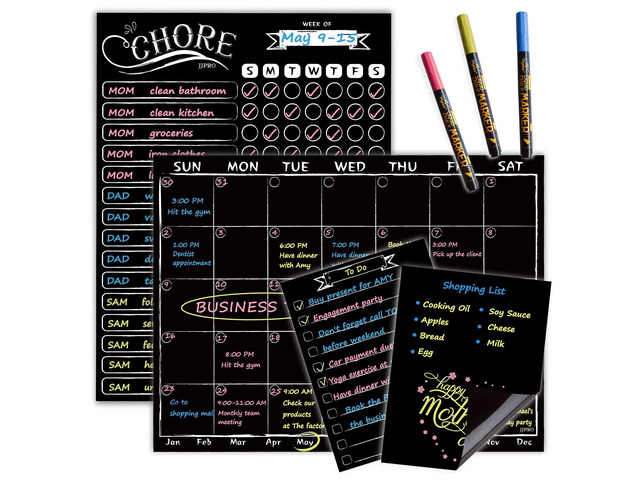 Magnetic Chalkboard Monthly Calendar - Reward Chore Chart Blackboard Combo Set with Neon Bright Liquid Chalk Markers - Bonus Grocery List and...