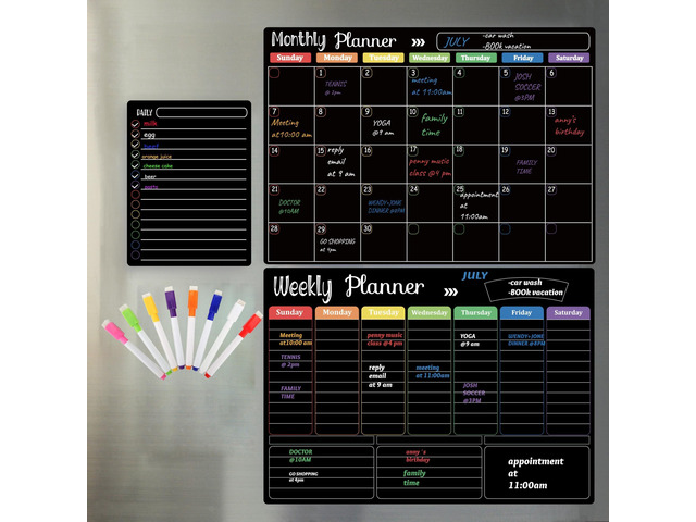 Magnetic Black Dry Erase Calendar White Board Set (3-Pack) - Monthly, Weekly Planners & Daily Notepad for Fridge, Home & Office, Includes 8 Markers