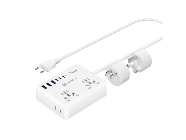 Universal Travel Adapter, European Travel Plug Adapter, EU/UK/AU/Plug Adapter, 4 AC Outlets, 6 USB Ports (3 USB C), 5ft Flat Extension Cord,...