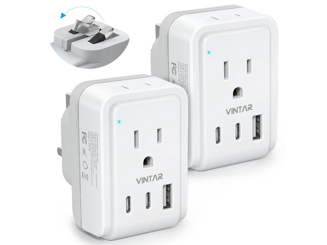 2 Pack Type G Adapter for Travel, 5 in 1 Foldable UK Power Adaptor 2 Outlets and 3 USB Ports(2 USB-C), Ireland Plug Adapter, Travel Essentials for...