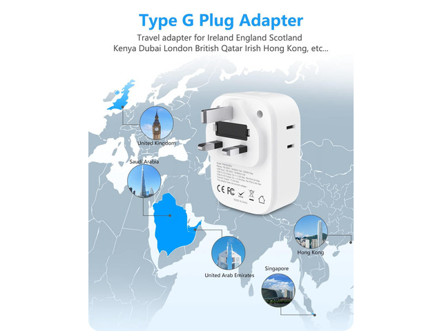 3 Pack US to UK Ireland Travel Plug Adapter, Grounded Type G Plug Travel Adapter with 4 Outlets 4 USB Ports (2 USB C), Power Plug for USA to Dubai...
