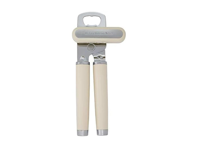 Multifunction Can Opener and Bottle Opener Easy to Use, Razor Sharp Stainless Steel Cutting Wheel, Soft Ergonomic Handles, Almond Cream