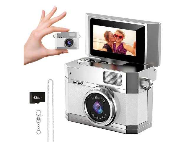 Mini Thumb Digital Camera Keychain Portable HD Mini Flip Screen Digital Camera with 32GB Card,Keychain Camera for Bag Charm Travel Selfi for...
