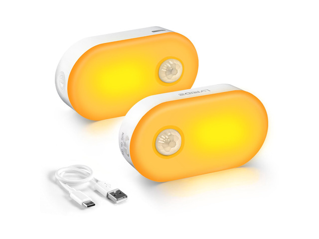 Rechargeable Night Light with Motion Sensor, Dimmable Amber Nightlights for Bathroom, Bedroom, Kids Room, Hallway, Stairs, Pet House, 2 Pack