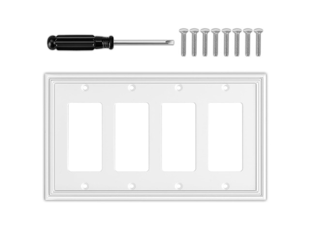 White Quad Decorator Switch Plate Covers, 4 Gang Wall plates Natural Material 4 Rocker Switch Plates Outlet Covers for Receptacle, GFCI Outlet,...