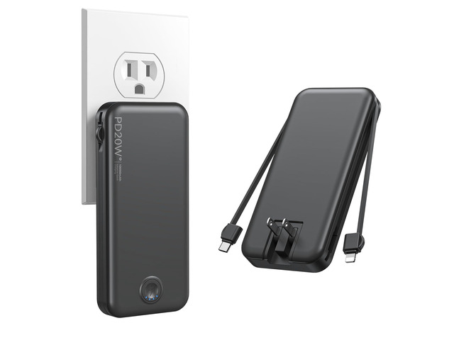 Nusyddy Portable Charger 10000mAh PD20W w/Built-in Cables & Wall Plug Black
