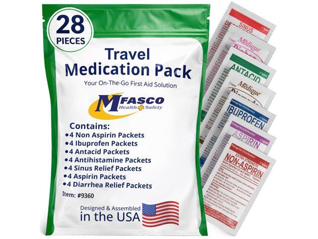 MFASCO - 7 in 1 - Travel Size Medicine Kit - TSA Approved 28 First Aid Emergency OTC Medicine Packets for Cruise & International Travel Compact.