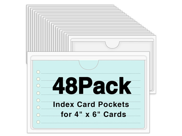 48 Pack Adhesive Index Card Holders, Clear 4 x 6 Label Pockets Clear Pvc, Top Loading, Strong Adhesive, Fits Bins Shelves Totes, Reusable Labels,...