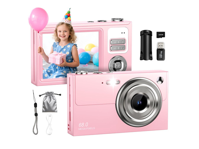 Digital Camera for Kids & Beginners 64GB SD Point and Shoot Digital Cameras Compact pink digital camera & vlogging camera for kids. Durable...