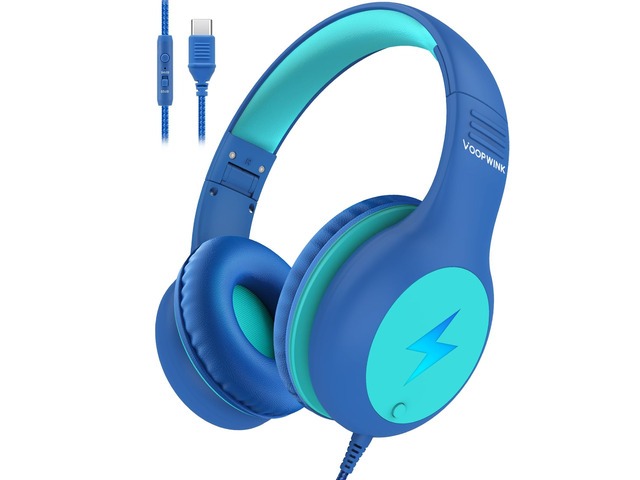 Kids Headphones Wired with Microphone, USB Type C Headphones for Kids Girls Boys with Cord/LED Lights/85/94dB Volume Limit, Portable Over Ear...