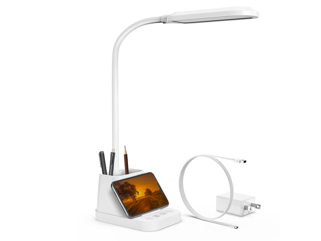 White LED Desk Lamp with USB Charging Port, Study Table Light for College Dorm Room, Home Office Bedroom Essentials, 650LM, Flexible Gooseneck,...