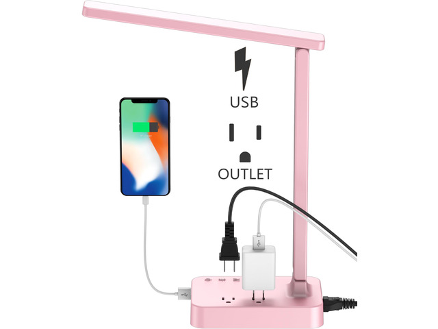 LED Desk Lamp, Desk Light with 1 USB Charging Port and 2 AC Power Outlet, 3 Lighting Modes, 3 Level Brightness,1H Timer, Touch Control, Eye-Caring...
