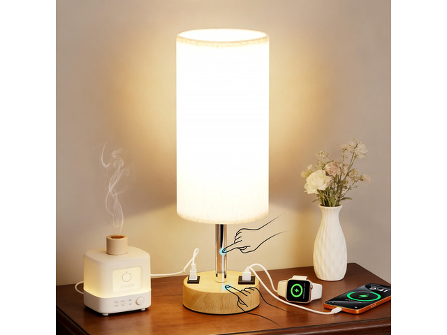 Table Lamp for Bedroom, Touch Nightstand Lamp with 10W USB Charging 3-Way Dimmable Touch, USB-A & AC Outlet, Flicker-Free LED Bulb, 14in Fabric...