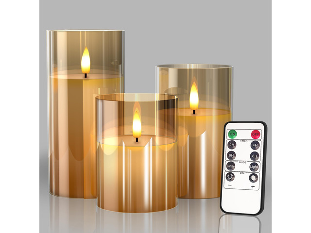 Glass Battery Operated LED Flameless Candles with Remote and Timer, Real Wax Candles Warm Color Flickering Light for Festival Wedding Home Party...