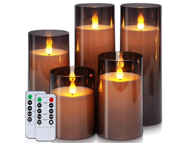 Gray Flickering Flameless Candles, Battery Operated Acrylic LED Pillar Candles with Remote Control and Timer, Halloween Decor, Set of 5