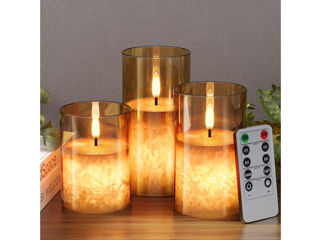 Battery Operated Flameless Candles with Remote & Timer, Gold Glass 3Pack Real Wax Crystal Texture, D3×H4/5/6', 2/4/6/8H Timer, Dimming, Flickering...