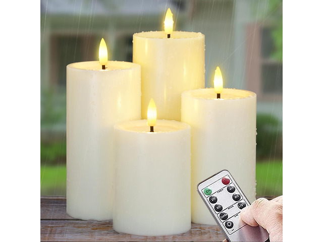 Outdoor 4pcs Flameless Waterproof Candles with Handy Remote Control, Cycle Timer Battery Operated Candle Grease Effect LED Flickering Pillar...