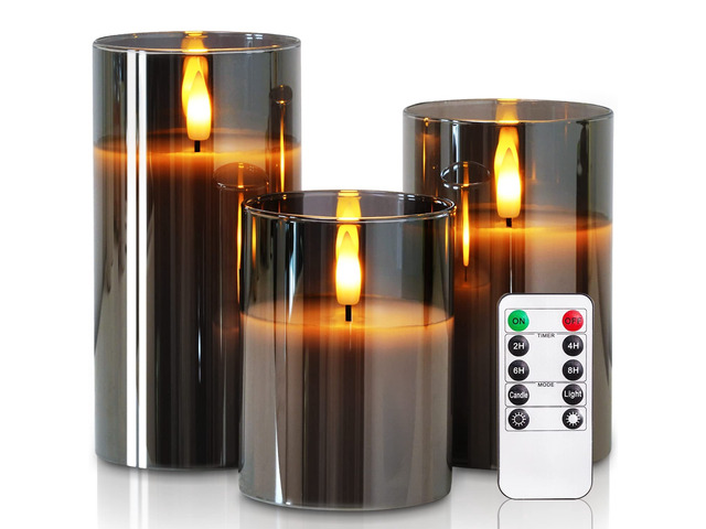 Grey Glass Flameless Candles, Real Wax, Remote Timer, 3 Pack D3'xH4'5'6', battery operated flickering LED pillar c, les, Halloween centerpiece,...