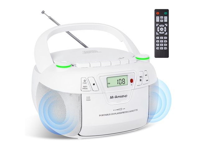 Boombox CD Player Portable Cassette Player with CD MP3 Bluetooth AUX TF/USB AM/FM Radio AC/DC Powered with Remote Control, Headphone Jack, Stereo...
