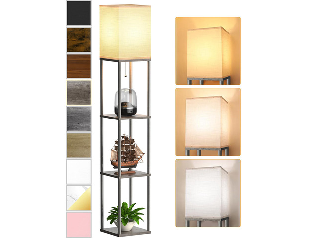 Floor Lamp with Shelves for Living Room Oak Gray, Shelf Floor Lamp with 3 CCT LED Bulb, Corner Display Standing Column Lamp Etagere Organizer Tower...
