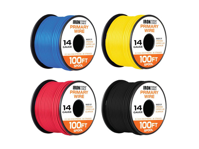 Iron Forge Cable 14 Gauge Automotive Wire - 4 Roll, 100 Ft per Roll 14 AWG Primary Wire, Copper Clad Aluminum (CCA) Wire, Assorted Colors - For...