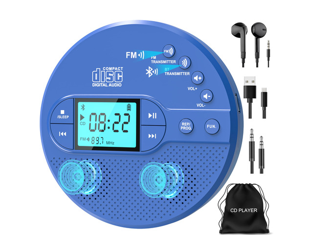 Portable CD Player for Car with FM Transmitter & Speaker, Bluetooth 9H Rechargeable with Anti-Skip, Supports CD/MP3, USB/AUX Output, CD Player with...