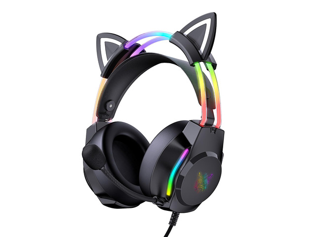 Gaming Headset with Microphone, Cat Ear Headphones for PC Laptop PS4 PS5 Xbox Switch, Rainbow RGB Lighting & Virtual Surround Sound, 3.5mm Wired...