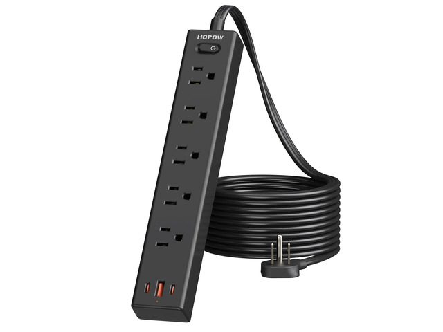 10FT Surge Protector Power Strip, 1700J, 5AC & 1A2C, Flat Plug Extension Cord Flat Power Strip, 0.33in Ultra Thin Plug, 1250W/10A, Wide Spaced,...