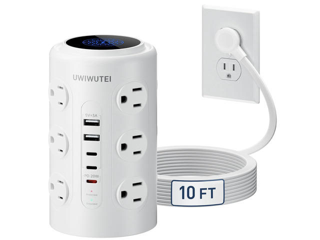 10FT Tower Power Strip with Dedicated 20W PD USB-C Port 12 WidelySpaced AC Outlets & 5 USB Ports, Flat Plug, Extension Cord, Desk Charging Station...