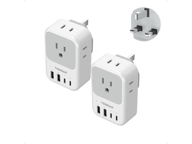 Type G Adapter for Travel 2 Pack, PD 20W US to UK Plug Adapter 4 AC Outlets, 4 USB Ports (2 USB C), Ireland Power Adaptor, USA to England London...