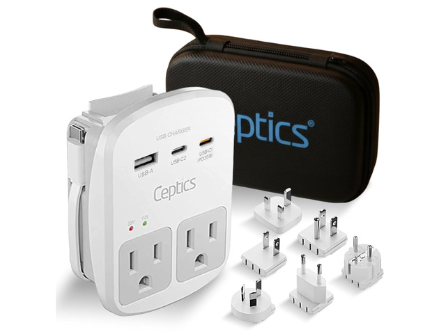 35W Universal Travel Adapter Kit 2 USA sockets, USB-A, USBC, 1x PD 35W USB-C and USBC Cable, Surge Protected, Plugs for EU, UK, China, AU, Japan -...