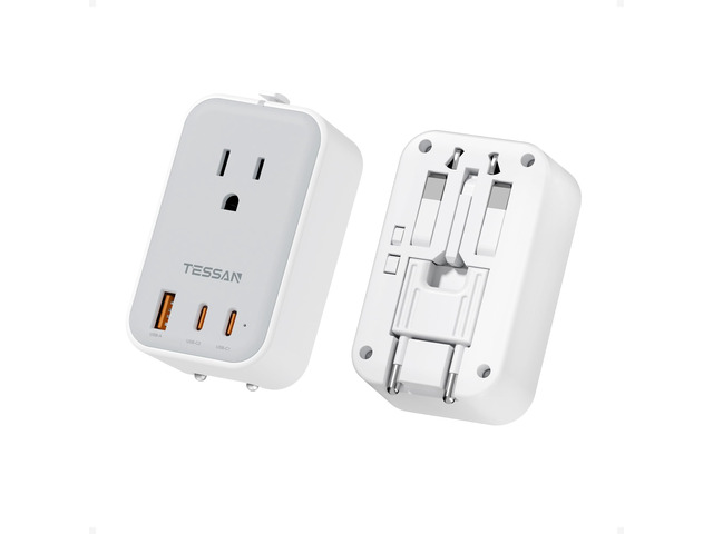 Universal Travel Adapter, Grey PD 20W, Ultra Thin, 2 USB C 1 USB A, USA to European UK Italy Ireland New Zealand, Type C/G/A/I