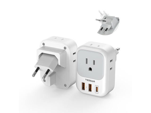 European Travel Plug Adapter 2 Pack, Type C Foldable Plug 4 Outlets, 3 USB(1 USB C PD 20W), US to Spain France Italy Germany Denmark Iceland...