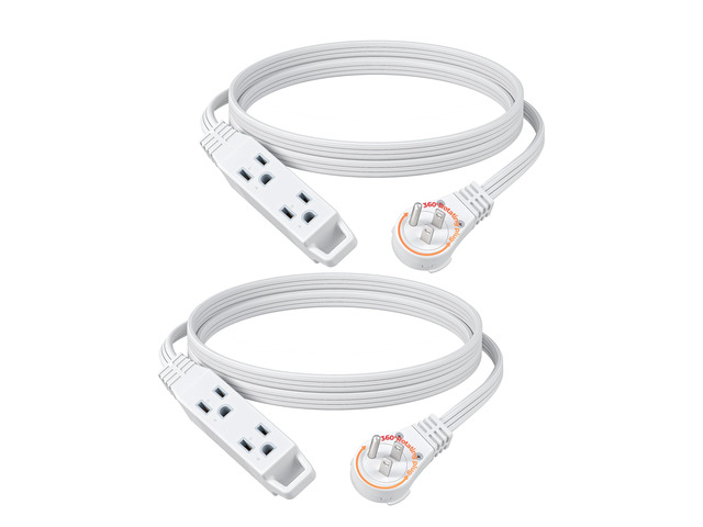6FT 360° Rotating Flat Plug Extension Cord/Wire, 16/3, 2 Pack 3 Outlet, 3 Prong Grounded Wire for Small Appliances, SPT-3, 13A/125V/1625W, White