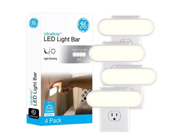 Ultrabrite Plug in LED Night Light Bar with On/Off/Auto Switch 100 Lumen Soft White Lighting for Hallways and Bedrooms, 4-Pack, 62459